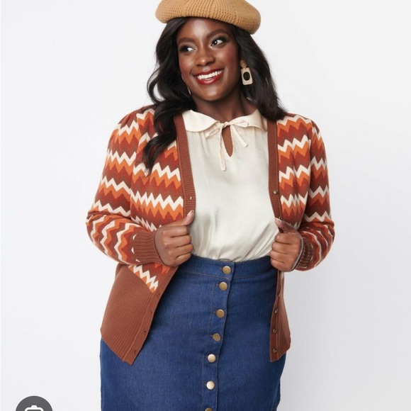 Unique Vintage retro brown chevron 1970s style cardigan - Picture 3 of 7